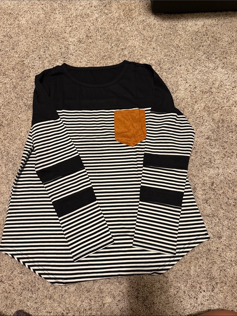 Striped Black & White Long-Sleeve Top with Tan Pocket